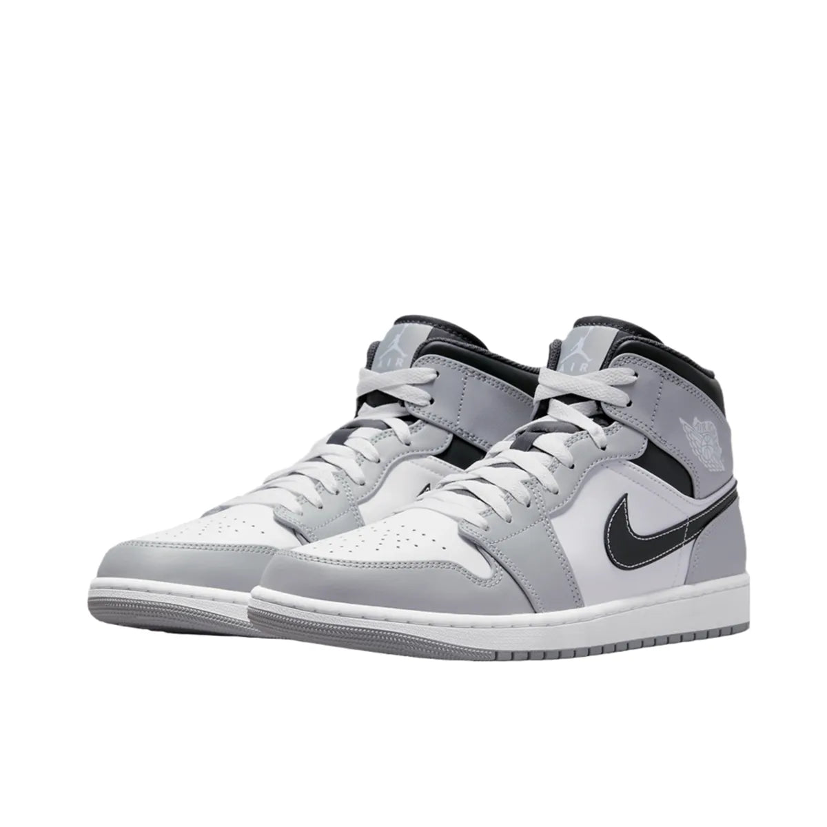 Jordan 1 Mid sneakers (GS), front view, model 554725-078, in light smoke grey with black and white accents.