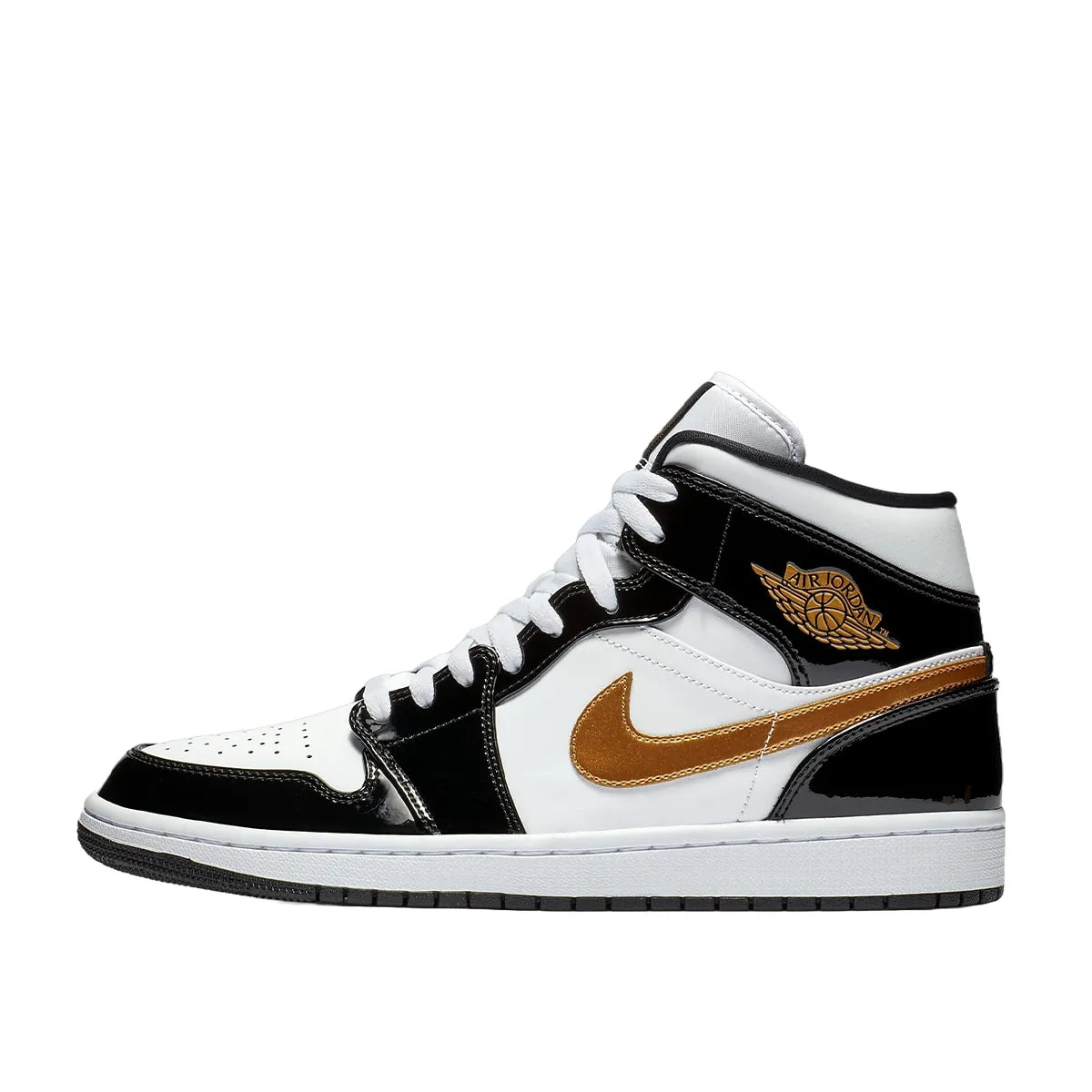 Jordan 1 Mid Patent Black White Gold sneakers, side view, model 852542-007, black, white, gold patent leather.