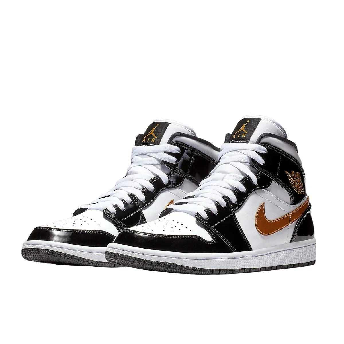 Jordan 1 Mid Patent Black White Gold sneakers, front view, model 852542-007, black, white, gold patent leather.
