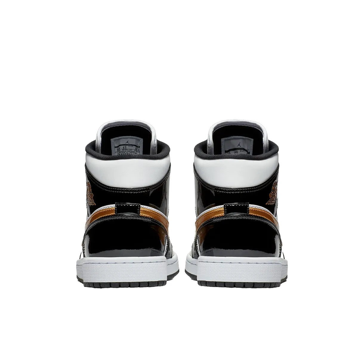 Jordan 1 Mid Patent Black White Gold sneakers, back view, model 852542-007, black, white, gold patent leather.