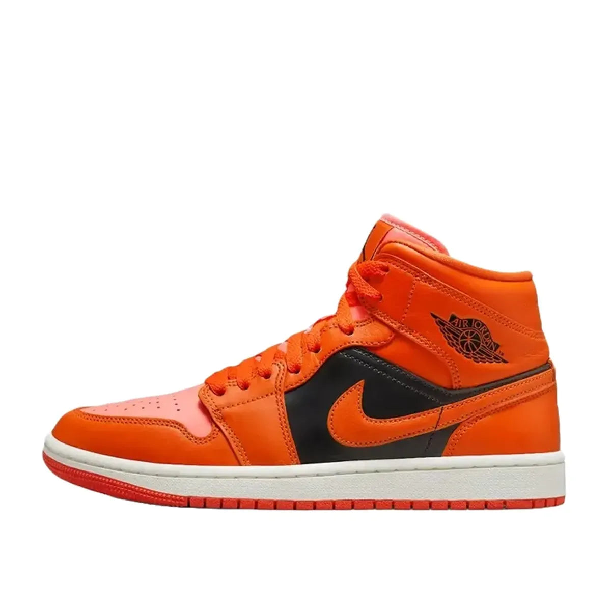 Jordan 1 Mid SE Women's sneakers, side view, model DM3381-600, rush orange with crimson bliss.