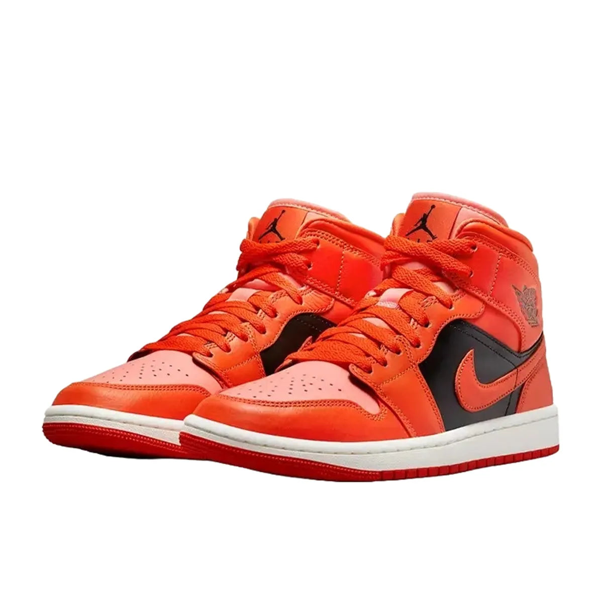 Jordan 1 Mid SE Women's sneakers, front view, model DM3381-600, rush orange with crimson bliss.