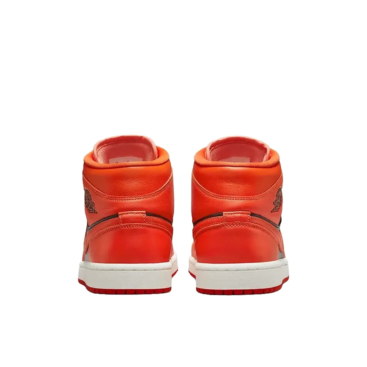 Jordan 1 Mid SE Women's sneakers, back view, model DM3381-600, rush orange with crimson bliss.