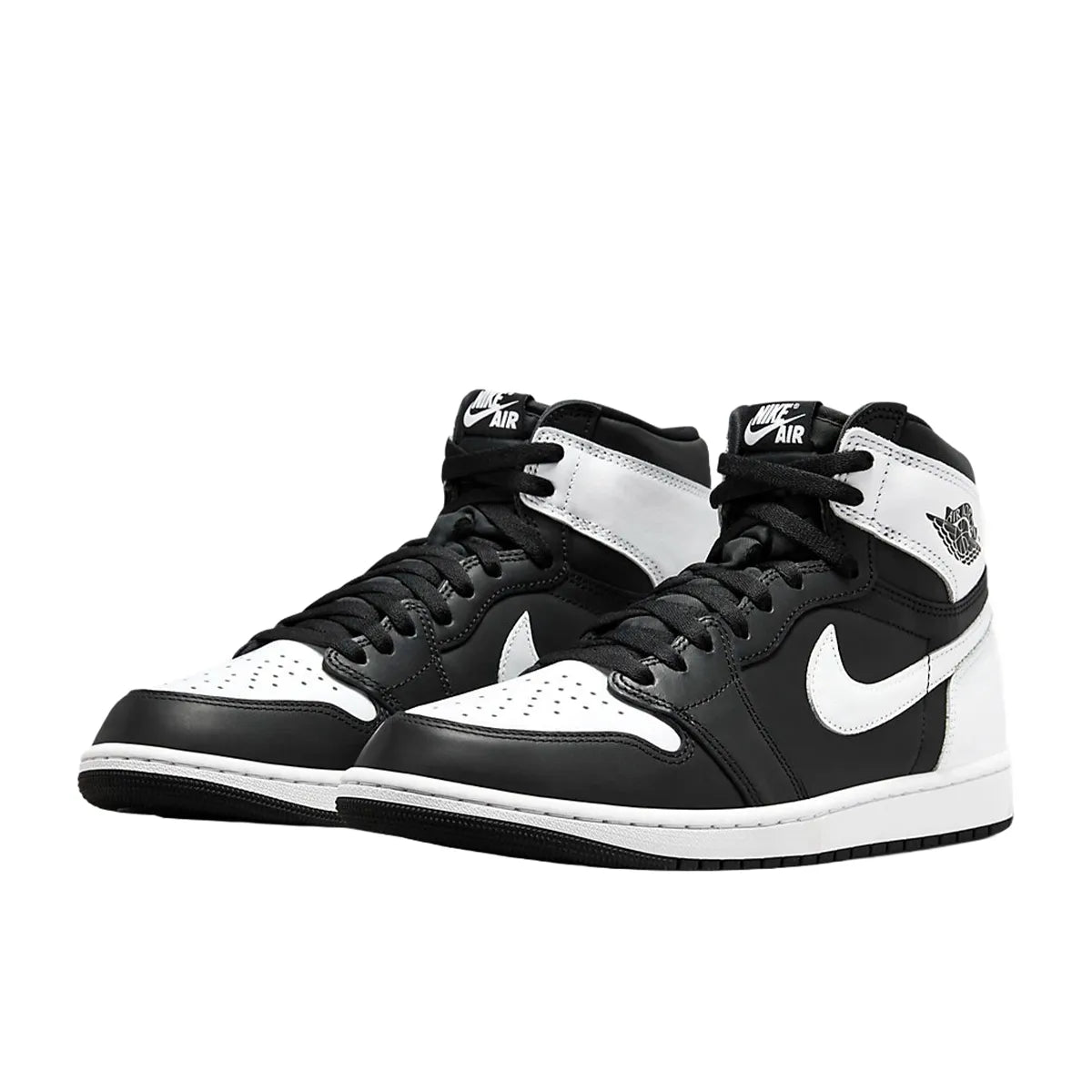 Jordan 1 Retro High OG sneakers, front view, model DZ5485-010, in black and white with classic styling.