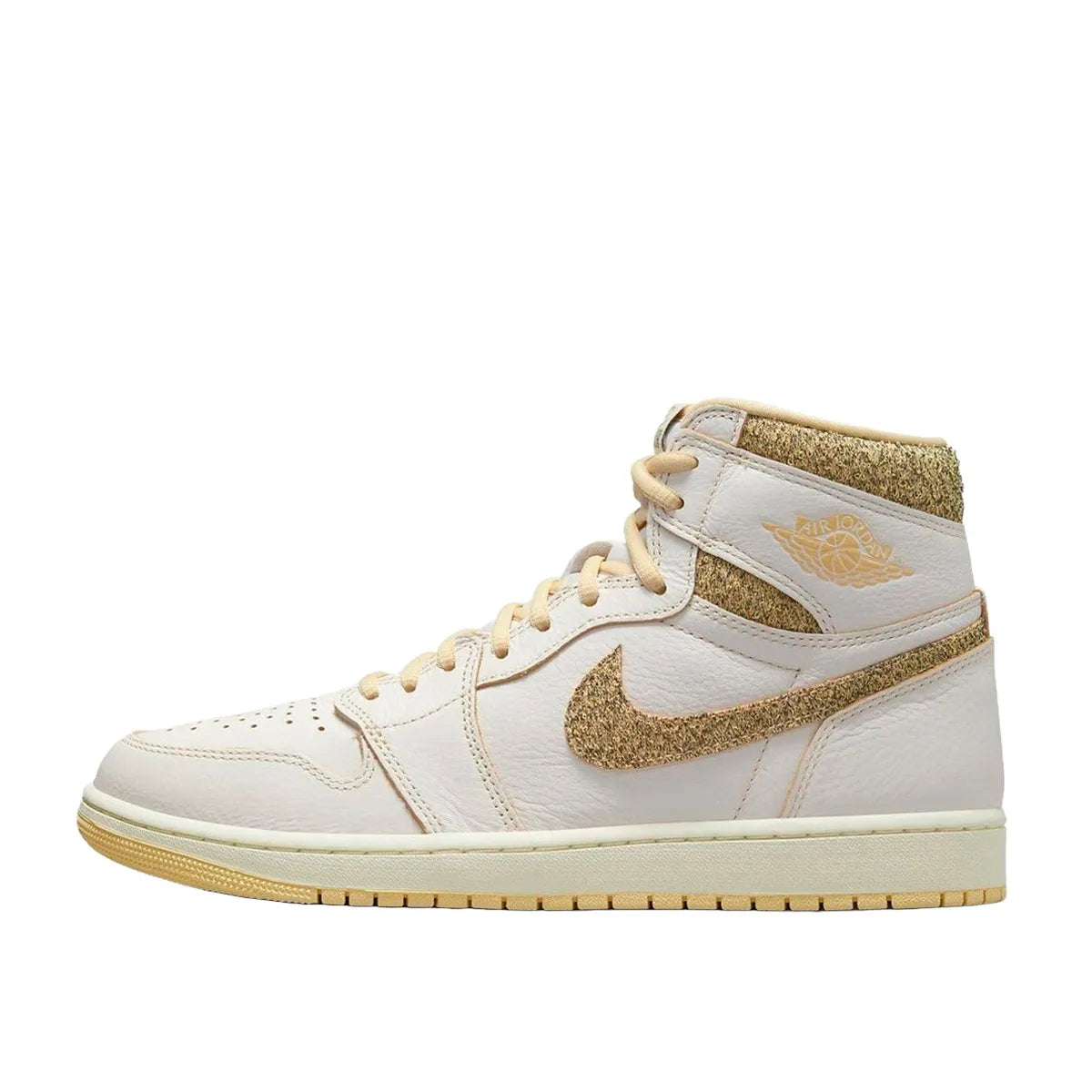 Jordan 1 Retro High OG Craft Vibrations of Naija sneakers, side view, model FD8631-100, white and yellow.