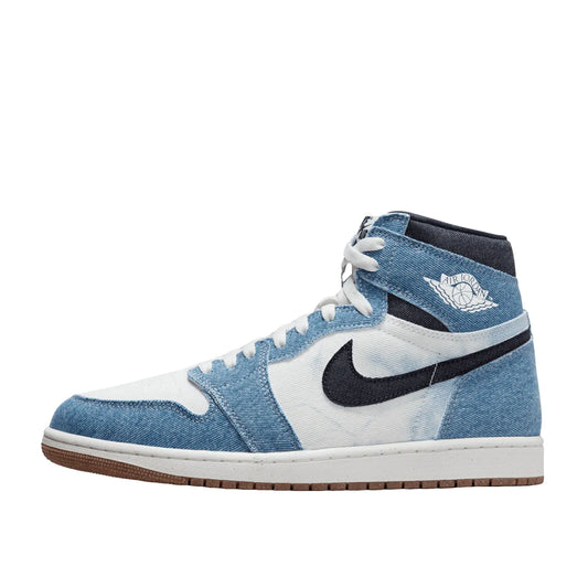 Jordan 1 Retro High OG Denim sneakers, side view, model FQ2947-100, in white with denim detailing.