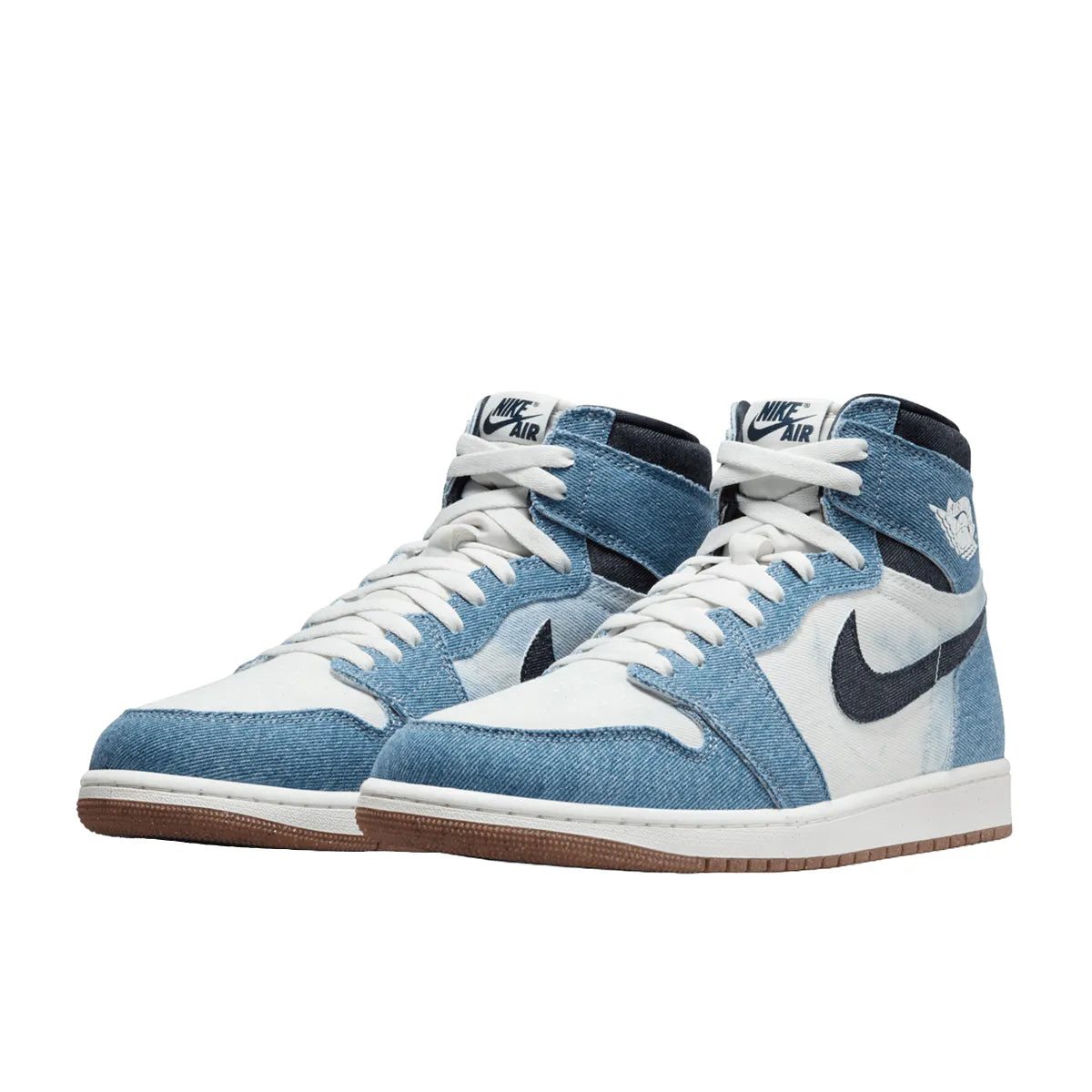 Jordan 1 Retro High OG Denim sneakers, front view, model FQ2947-100, in white with denim detailing.