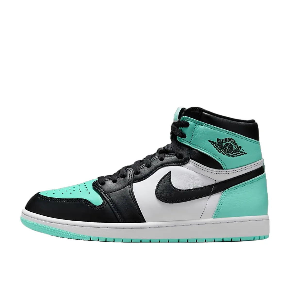 Jordan 1 Retro High OG Green Glow sneakers, side view, model DZ5485-130, in white with green glow accents.