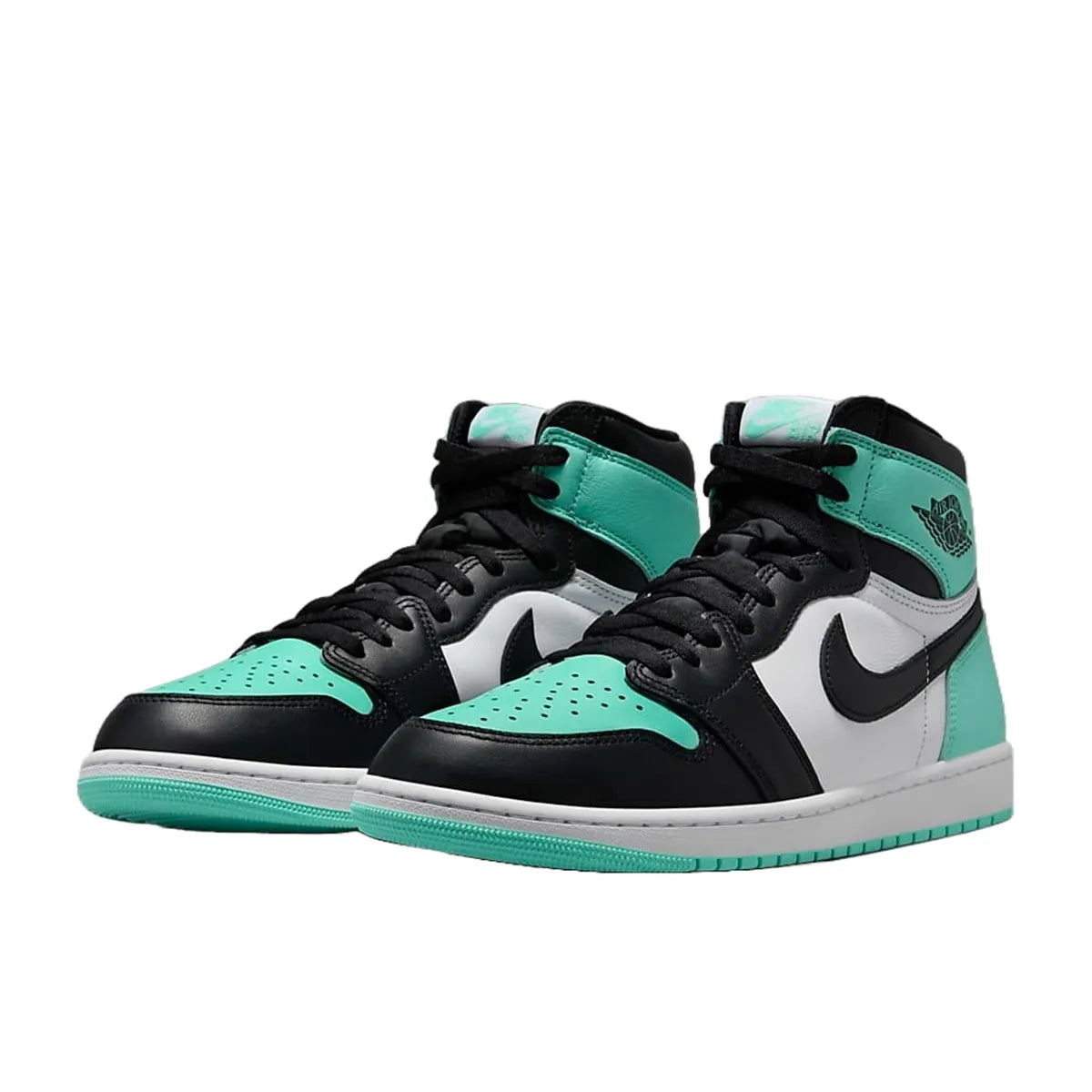 Jordan 1 Retro High OG Green Glow sneakers, front view, model DZ5485-130, in white with green glow accents.