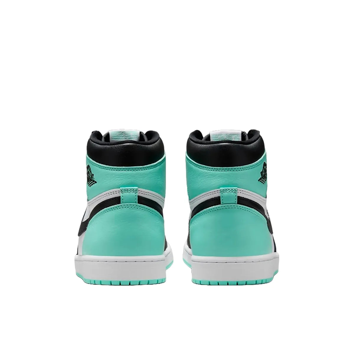 Jordan 1 Retro High OG Green Glow sneakers, back view, model DZ5485-130, in white with green glow accents.