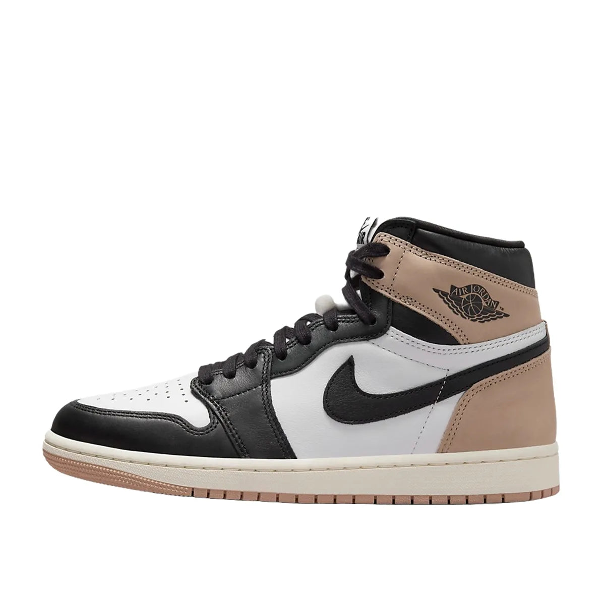 Jordan 1 Retro High OG Latte sneakers for women, side view, model FD2596-021, in beige with chocolate accents.