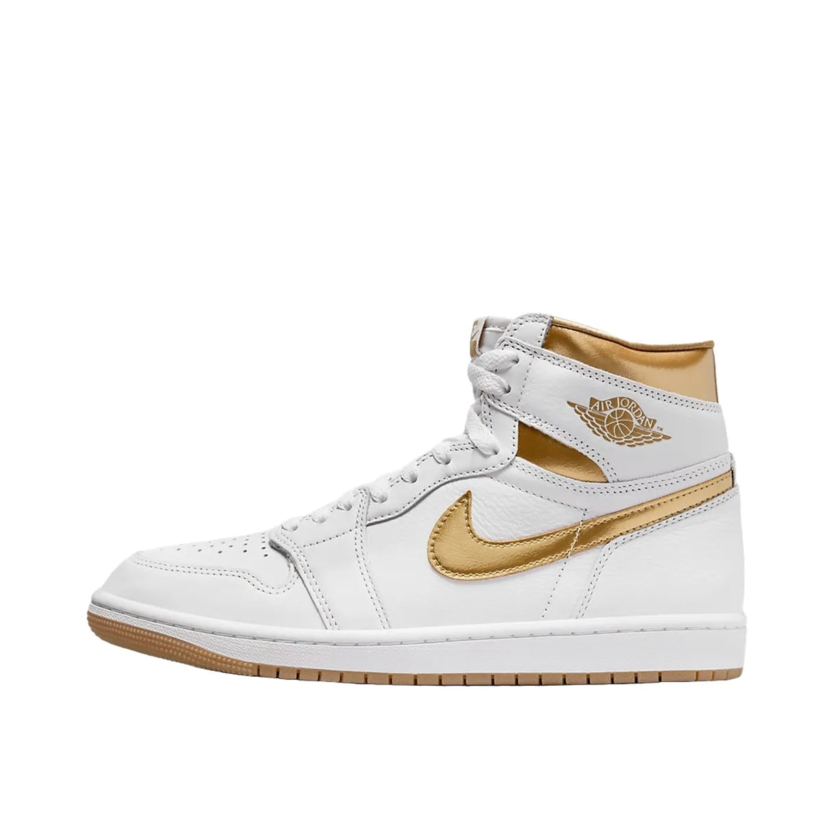 Jordan 1 Retro High OG Metallic Gold Women's sneakers, side view, model FD2596-107, in white with metallic gold details.