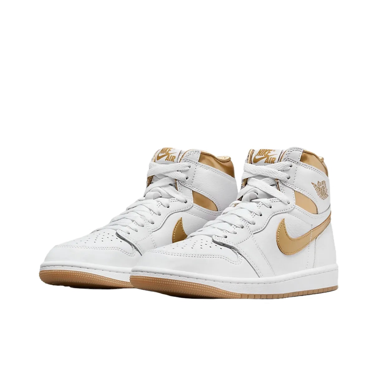 Jordan 1 Retro High OG Metallic Gold Women's sneakers, front view, model FD2596-107, in white with metallic gold details.