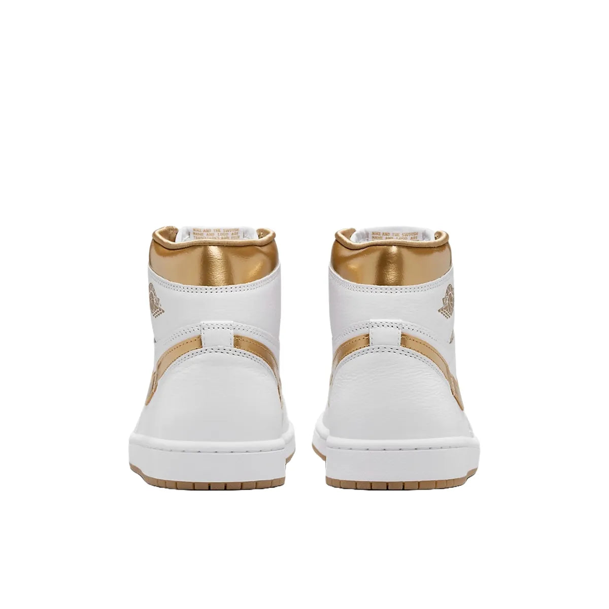 Jordan 1 Retro High OG Metallic Gold Women's sneakers, back view, model FD2596-107, in white with metallic gold details.