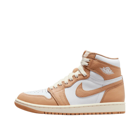 Jordan 1 Retro High OG Praline sneakers, side view, model FN6622-201, combining praline tones with satin ribbon laces.