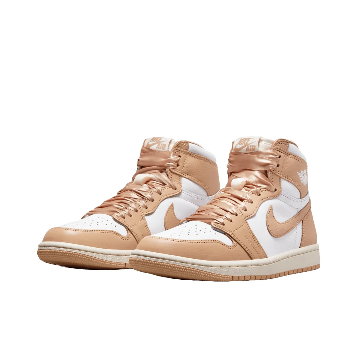 Jordan 1 Retro High OG Praline sneakers, front view, model FN6622-201, combining praline tones with satin ribbon laces.