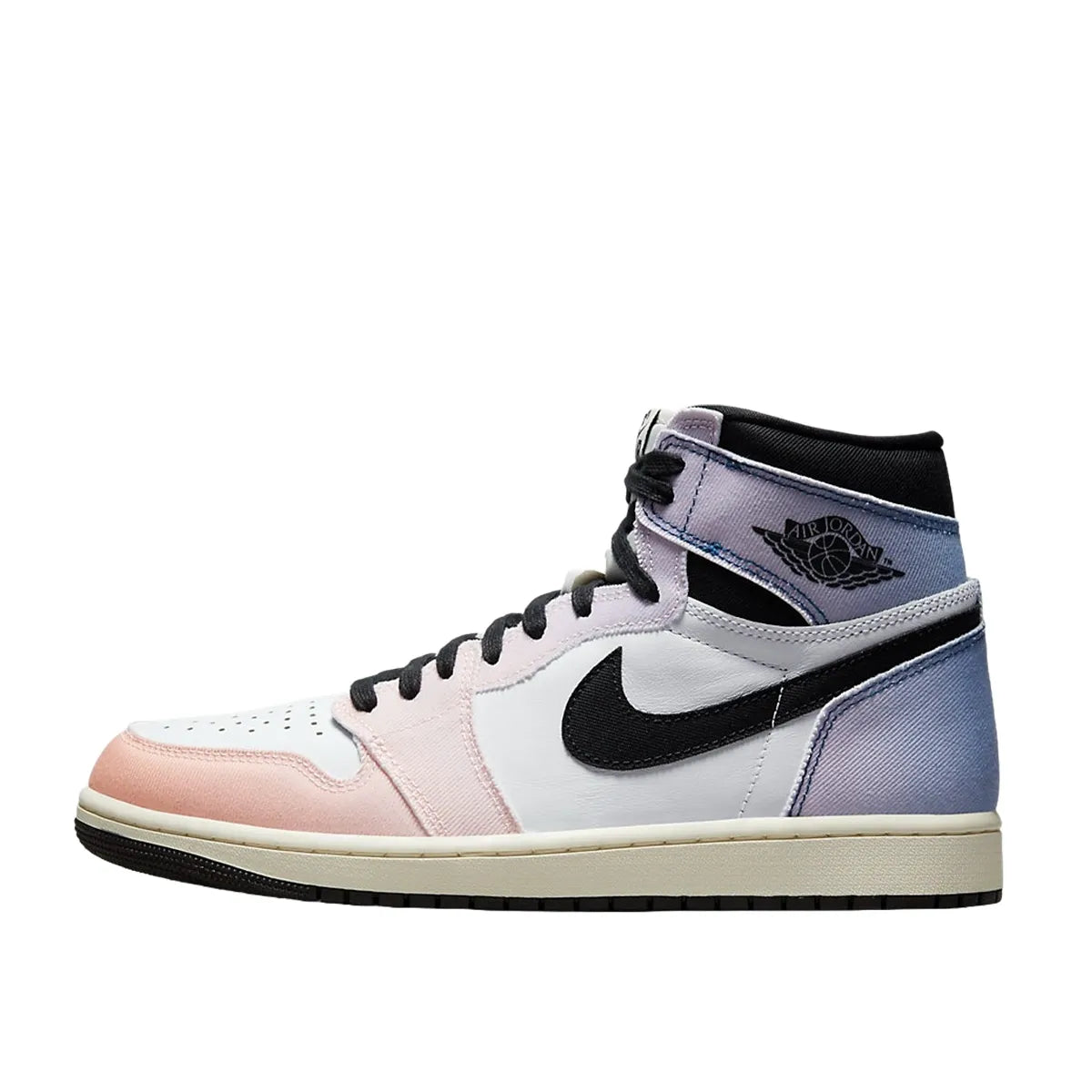 Jordan 1 Retro High OG Skyline sneakers, side view, model DX0054-805, gradient sunset colors.