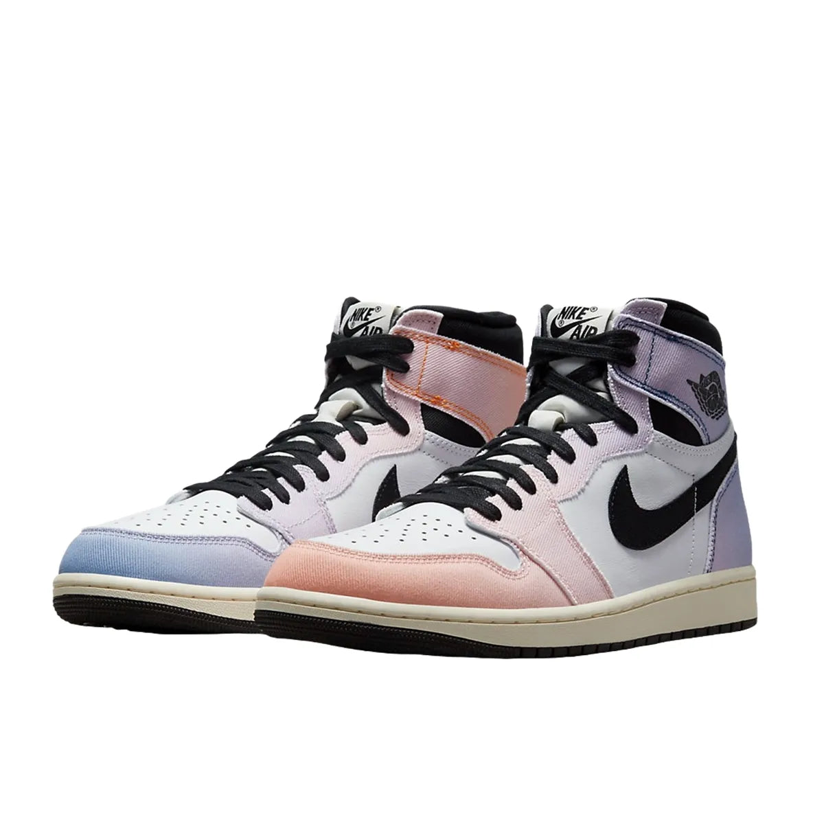 Jordan 1 Retro High OG Skyline sneakers, front view, model DX0054-805, gradient sunset colors.