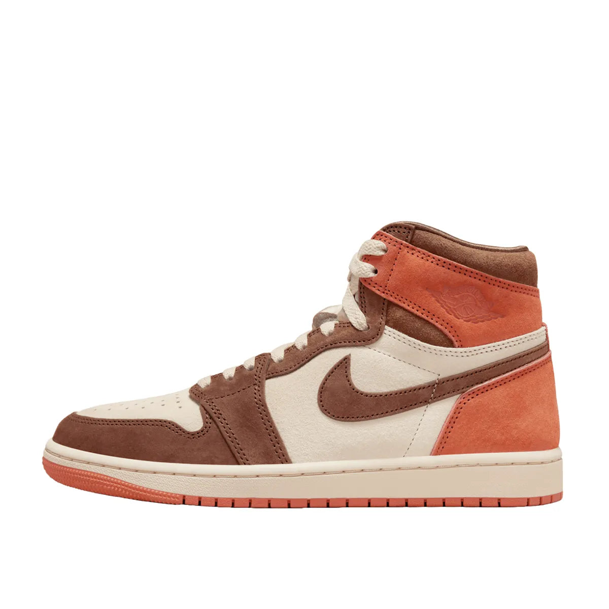 Jordan 1 Retro High OG SP Dusted Clay Women's sneakers, side view, model FQ2941-200, in brown and light pink.