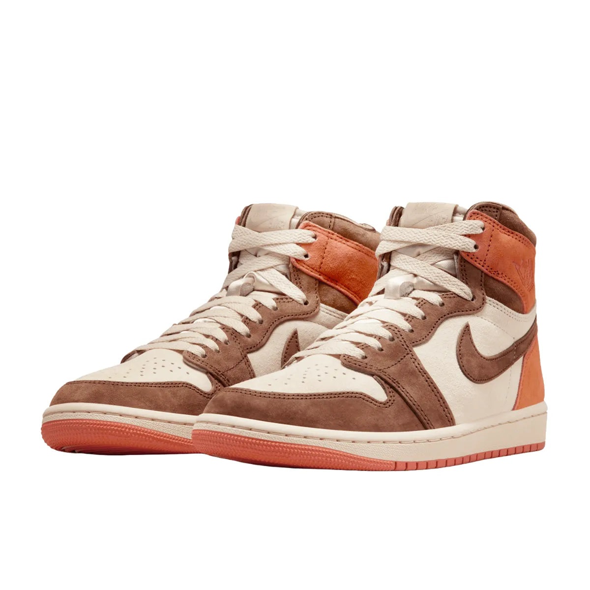 Jordan 1 Retro High OG SP Dusted Clay Women's sneakers, front view, model FQ2941-200, in brown and light pink.