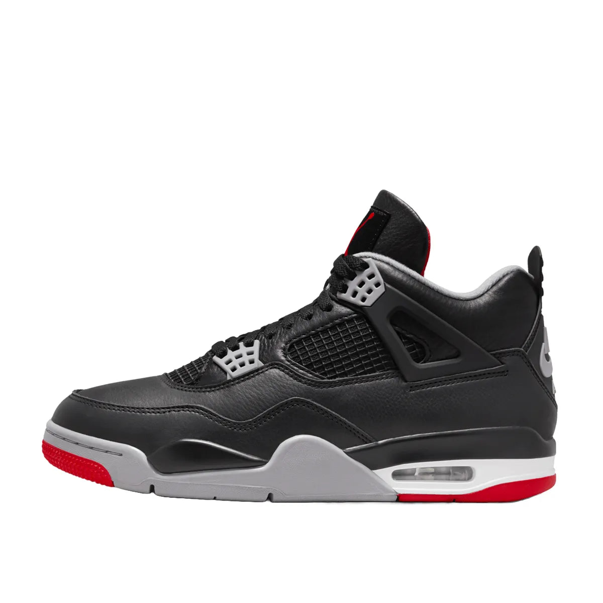 Air Jordan 4 Retro Bred Reimagined sneakers, side view, model FV5029-006, in black with red accents.