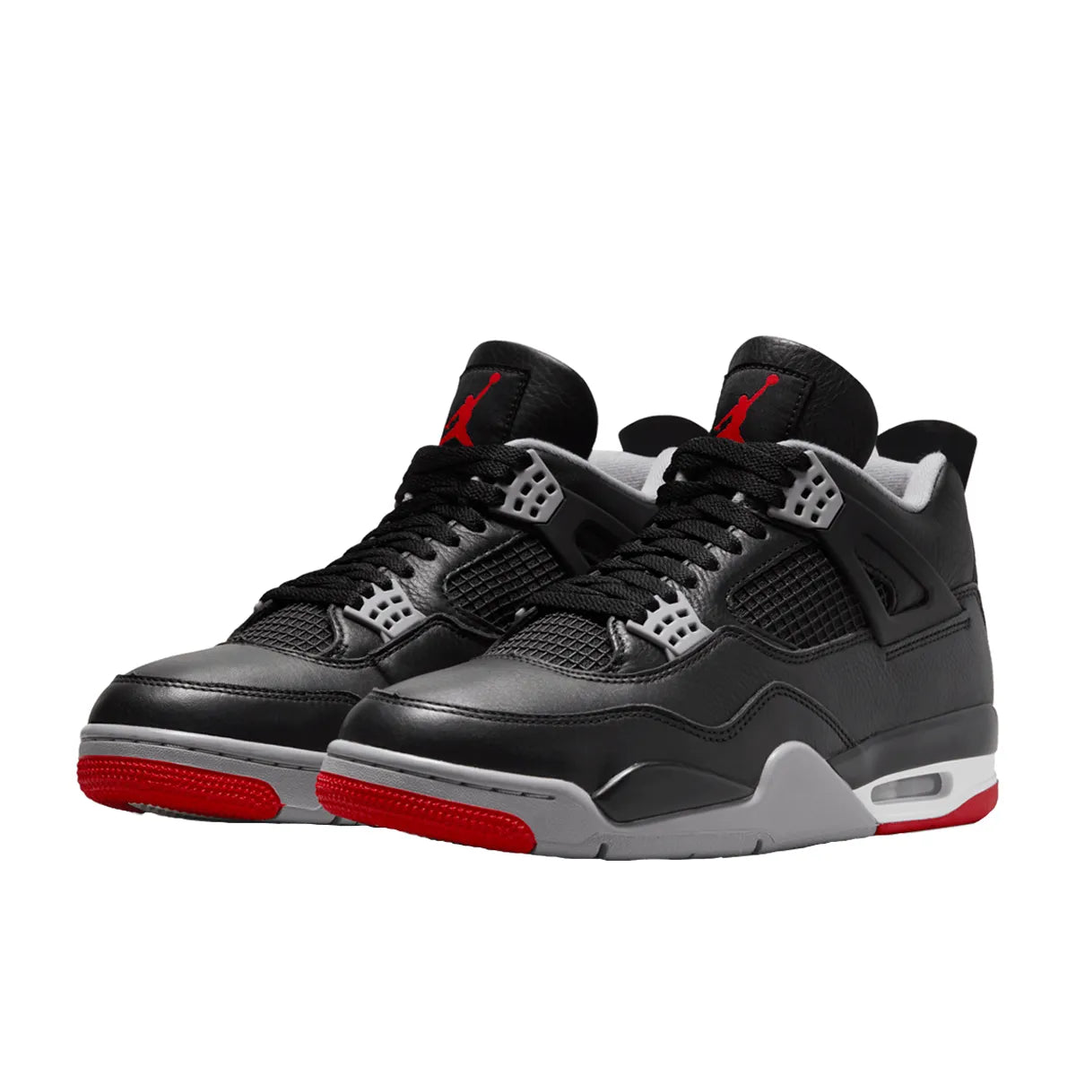 Air Jordan 4 Retro Bred Reimagined sneakers, front view, model FV5029-006, in black with red accents.