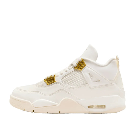 Jordan 4 Retro Metallic Gold Women's sneakers, side view, model AQ9129-170, in white with metallic gold accents.