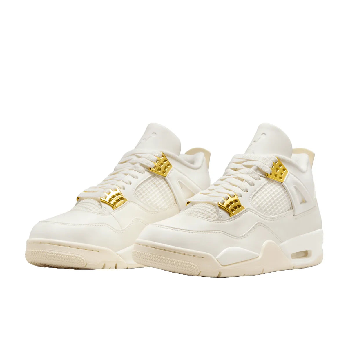 Jordan 4 Retro Metallic Gold Women's sneakers, front view, model AQ9129-170, in white with metallic gold accents.