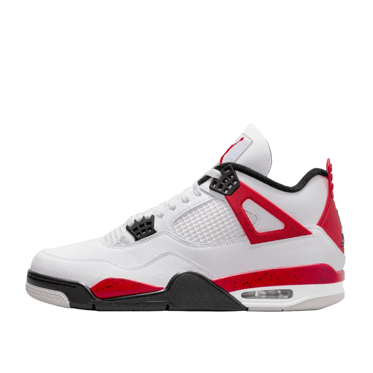 Air Jordan 4 Retro Red Cement sneakers, side view, model DH6927-161, featuring a white base with red and black highlights.