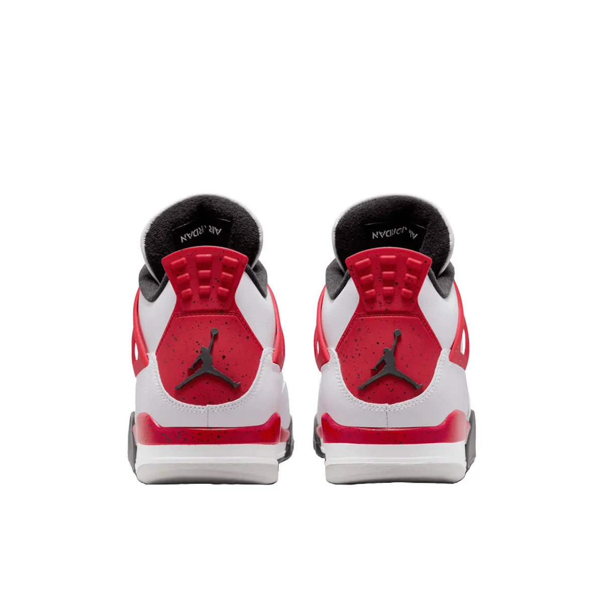 Air Jordan 4 Retro Red Cement sneakers, back view, model DH6927-161, featuring a white base with red and black highlights.