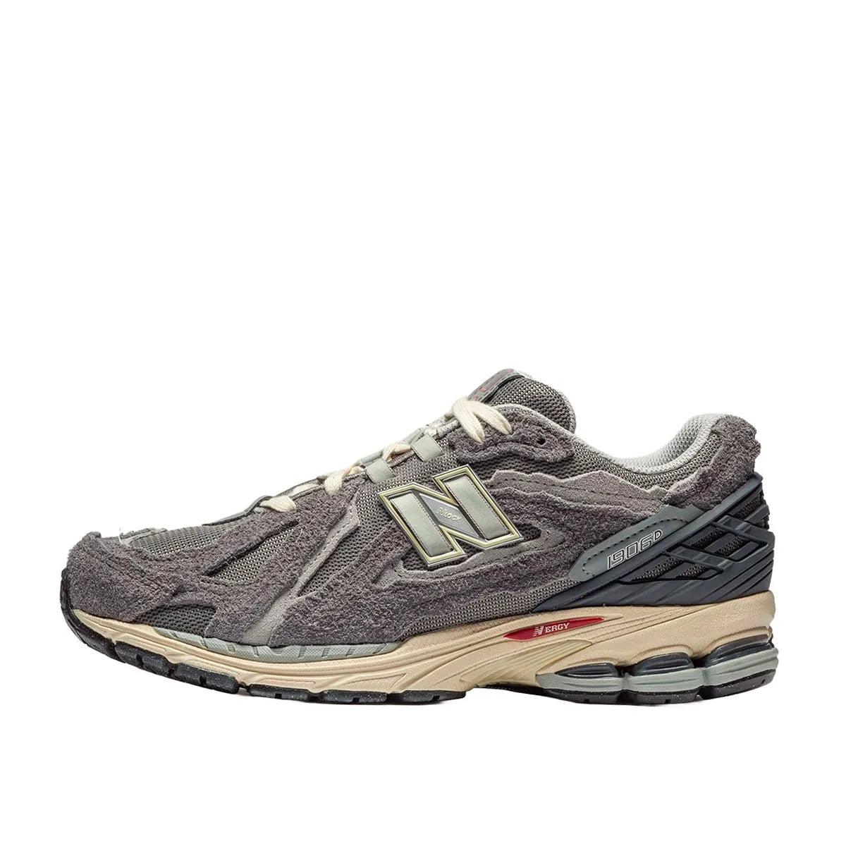 New Balance 1906D Protection Pack sneakers, side view, model M1906DA in harbor grey with black and white details.