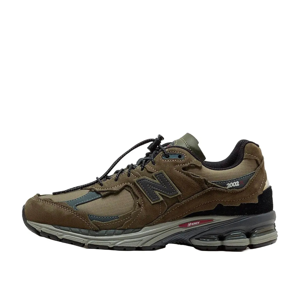 New Balance 2002R Protection Pack sneakers, side view, model M2002RDN in dark moss with grey and black details.