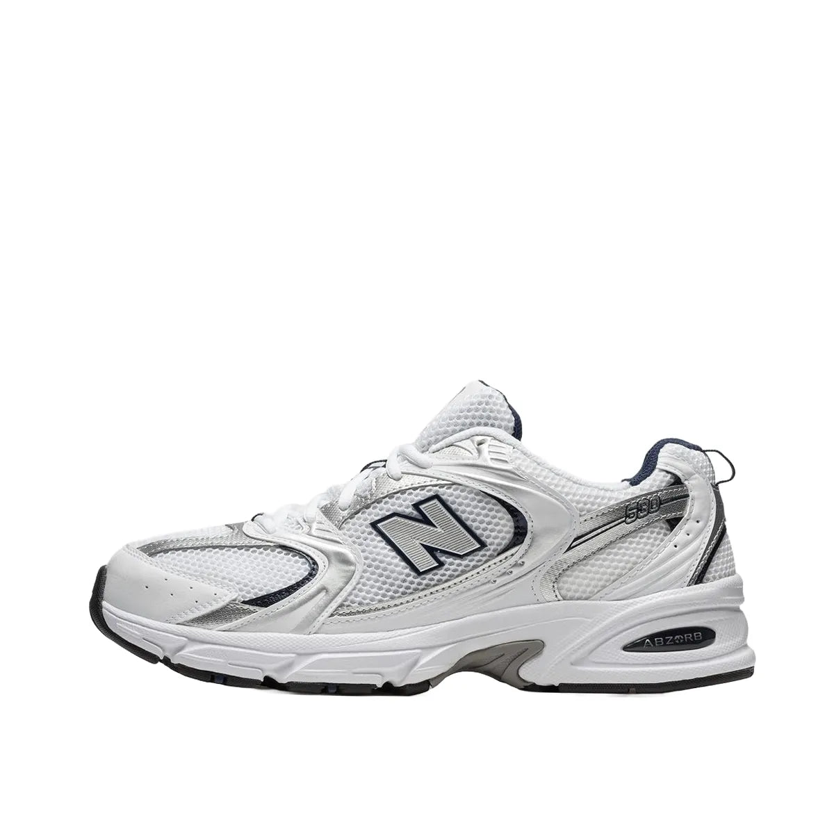 New Balance 530 sneakers, side view, model MR530SG, in white with silver and navy accents.