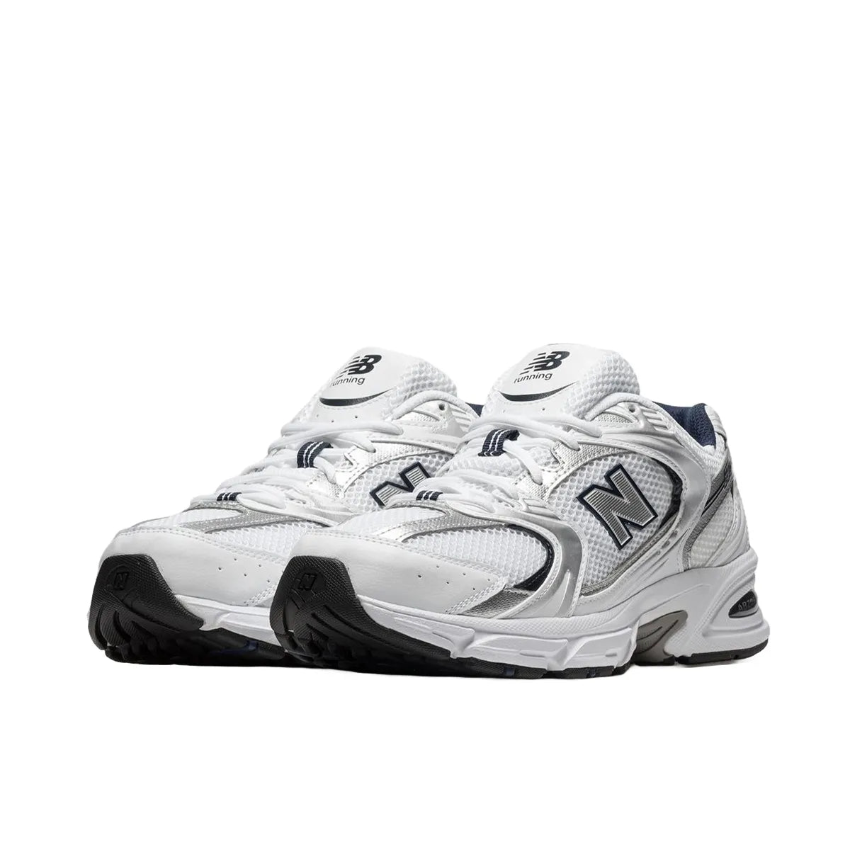 New Balance 530 sneakers, front view, model MR530SG, in white with silver and navy accents.