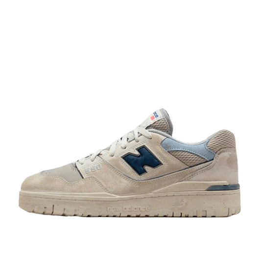 New Balance 550 sneakers, side view, model BB550GD1 in grey with white details.