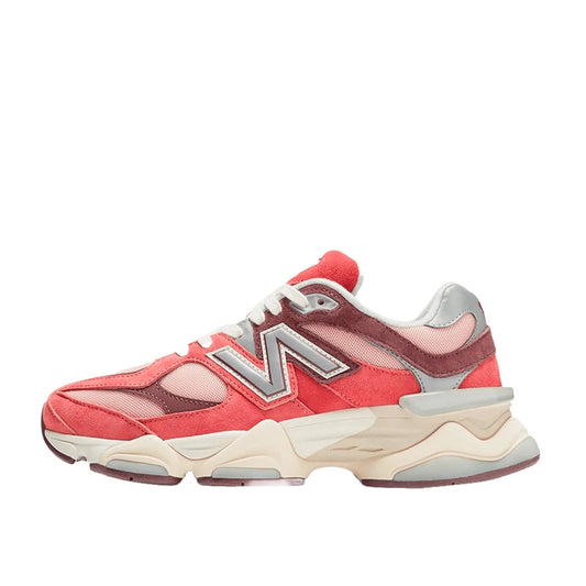 New Balance 9060 sneakers, side view, model U9060TRU in cherry blossom with beige and white details.