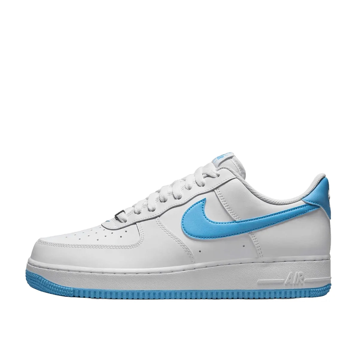 Nike Air Force 1 Low 07 White Aquarius Blue sneakers, side view, model FQ4296-100, white with aquarius blue accents.