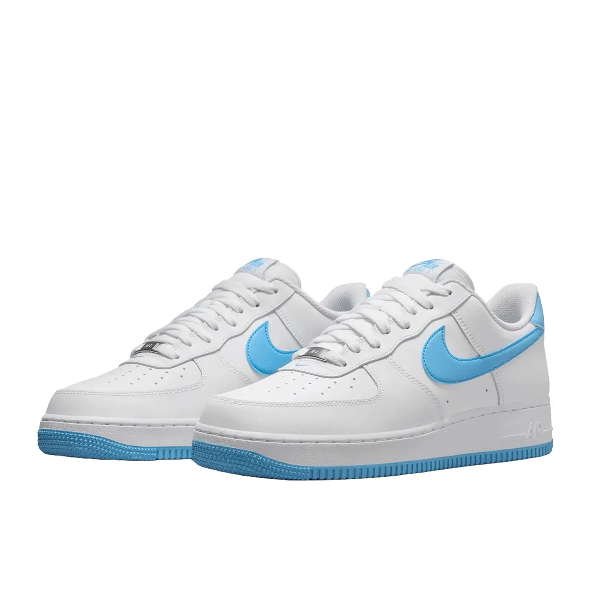 Nike Air Force 1 Low 07 White Aquarius Blue sneakers, front view, model FQ4296-100, white with aquarius blue accents.