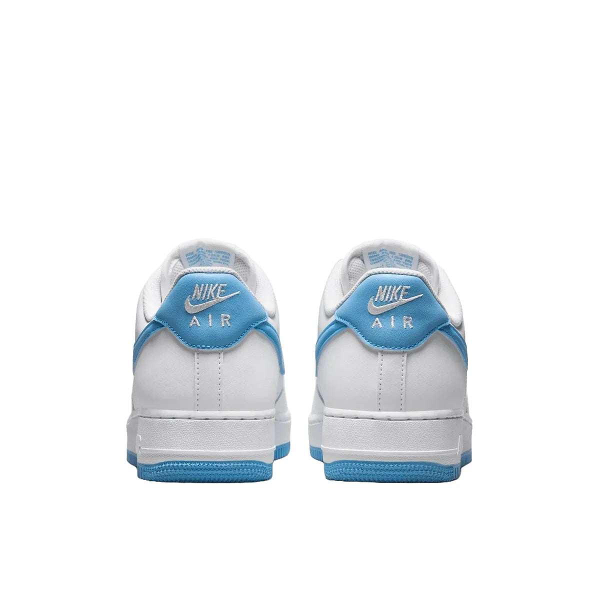 Nike Air Force 1 Low 07 White Aquarius Blue sneakers, back view, model FQ4296-100, white with aquarius blue accents.