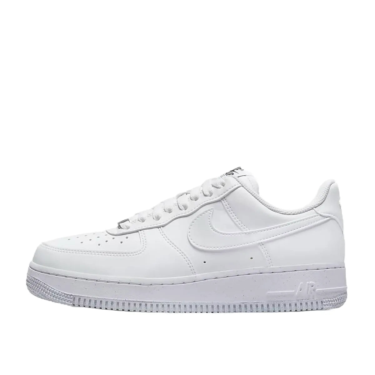 Nike Air Force 1 Low Next Nature Women's sneakers, side view, model DC9486-101, in white with metallic grey details.