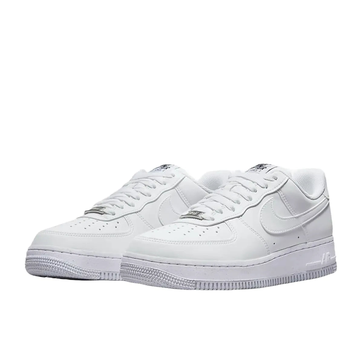 Nike Air Force 1 Low Next Nature Women's sneakers, front view, model DC9486-101, in white with metallic grey details.