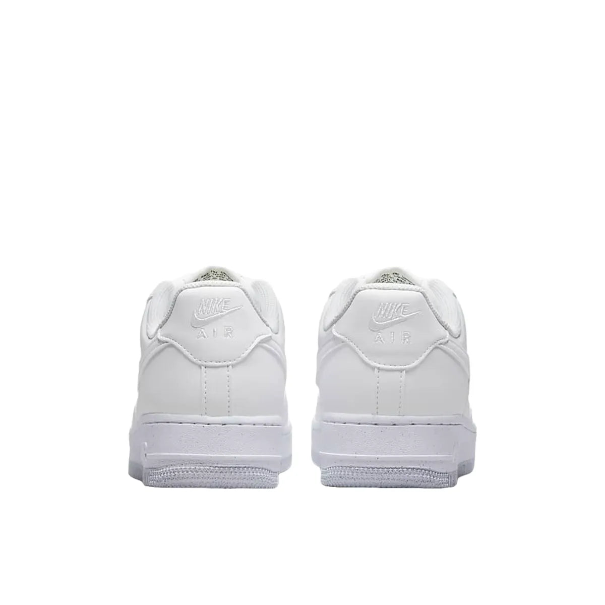 Nike Air Force 1 Low Next Nature Women's sneakers, back view, model DC9486-101, in white with metallic grey details.