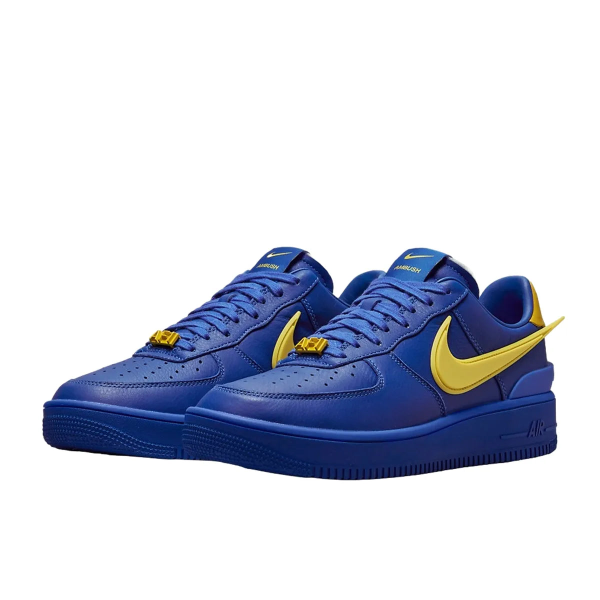 Nike Air Force 1 Low SP Ambush sneakers, front view, model DV3464-400, in game royal with yellow swoosh.