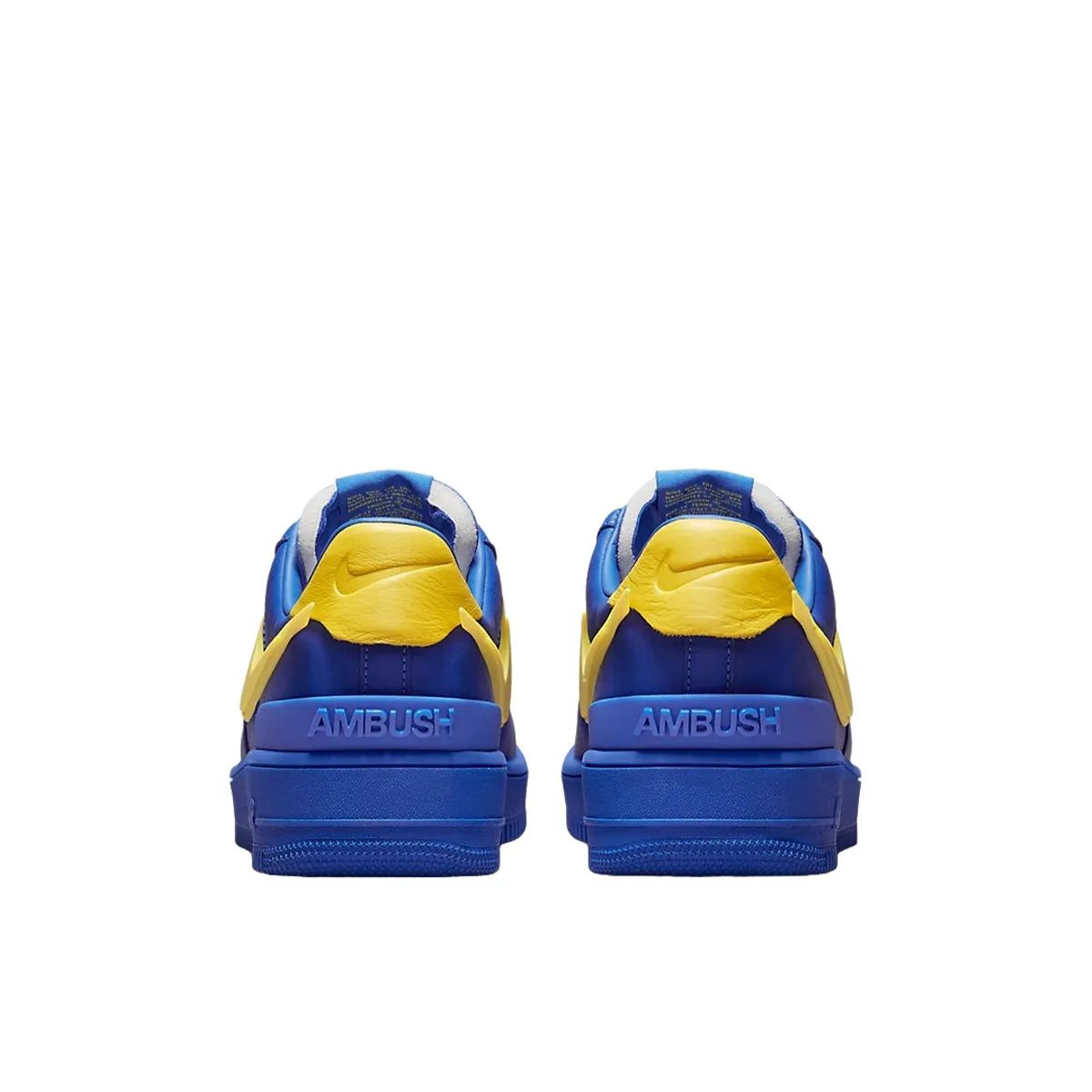 Nike Air Force 1 Low SP Ambush sneakers, back view, model DV3464-400, in game royal with yellow swoosh.