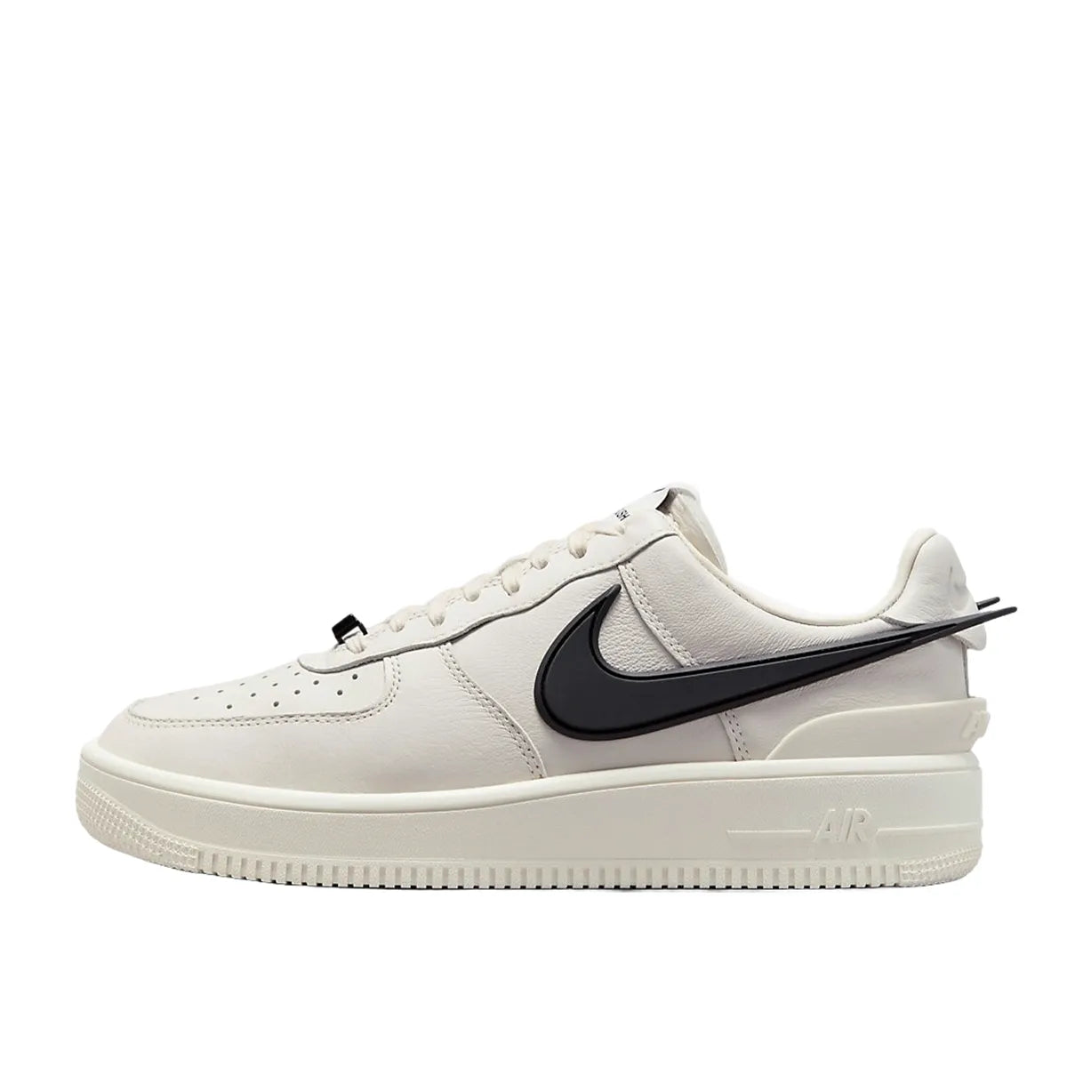 Nike Air Force 1 Low SP AMBUSH sneakers, side view, model DV3464-002, in Phantom white with black 3D swoosh.