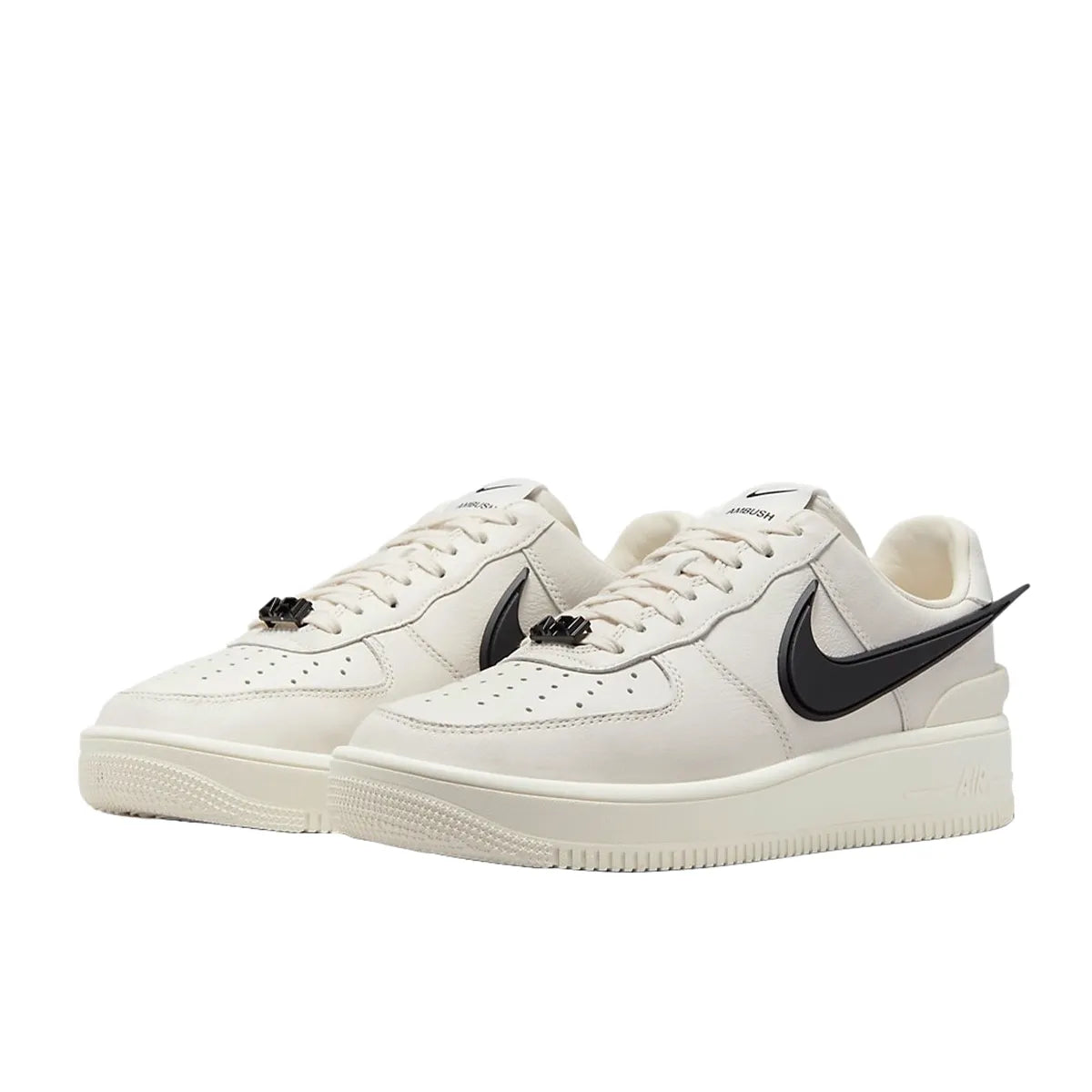 Nike Air Force 1 Low SP AMBUSH sneakers, front view, model DV3464-002, in Phantom white with black 3D swoosh.