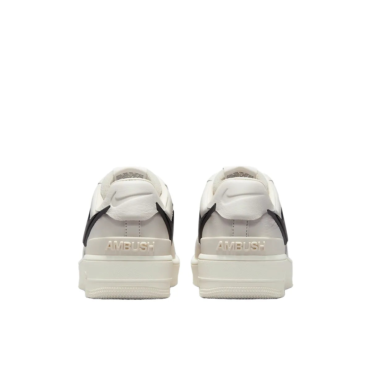 Nike Air Force 1 Low SP AMBUSH sneakers, back view, model DV3464-002, in Phantom white with black 3D swoosh.