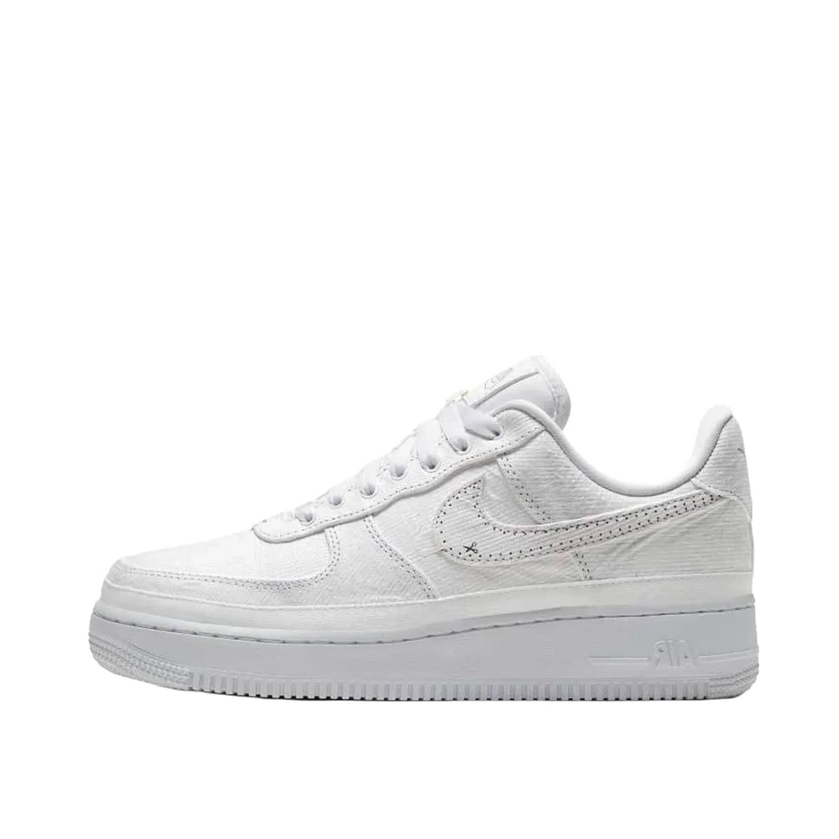 Nike Air Force 1 LX Tear Away Women's sneakers, side view, model CJ1650-101, in white with red tear-away swoosh.