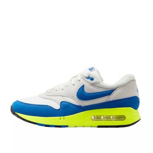 Nike Air Max 1 '86 OG Big Bubble sneakers, side view, model HF2903-100, in white and blue, special edition for Air Max Day 2024.