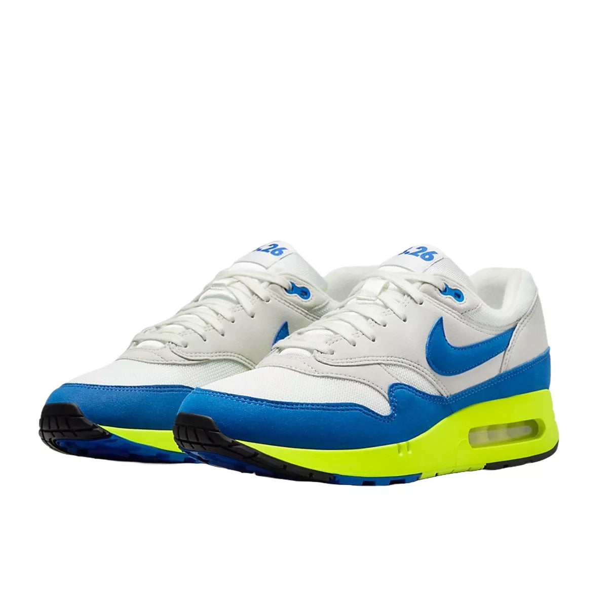 Nike Air Max 1 '86 OG Big Bubble sneakers, front view, model HF2903-100, in white and blue, special edition for Air Max Day 2024.